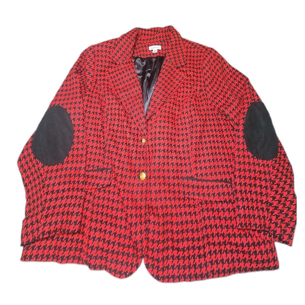 Joan Rivers Blazer Womens 24W Red Black Houndstooth Elbow Patch Gold Button